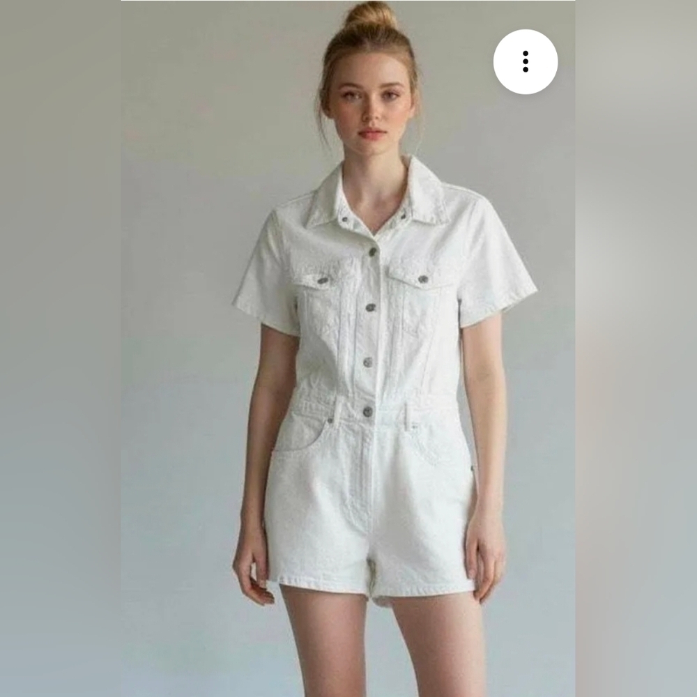 Zara White Cotton Denim Romper Button Up, Short Sleeve, Sm